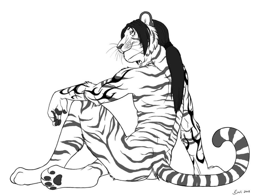2008 black_and_white exuli feline male mammal monochrome nude solo tattoo tiger whiskers white_tiger