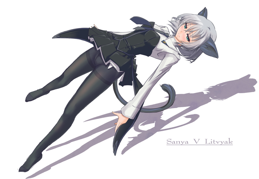 animal_ears aqua_eyes blush cat_ears cat_tail character_name crotch_seam grey_hair legs necktie nenchi panties panties_under_pantyhose pantyhose sanya_v_litvyak smile solo strike_witches tail thighband_pantyhose underwear world_witches_series