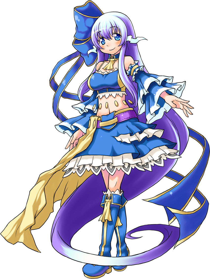 absurdly_long_hair aqua_seep_seal bare_shoulders blue_bow blue_eyes blue_footwear blue_hair blue_skirt blush boots bow breasts closed_mouth detached_sleeves eyebrows_visible_through_hair full_body hair_bow highres kanatarou knee_boots large_breasts long_hair looking_at_viewer navel official_art skirt smile solo transparent_background trouble_witches trouble_witches_neo very_long_hair