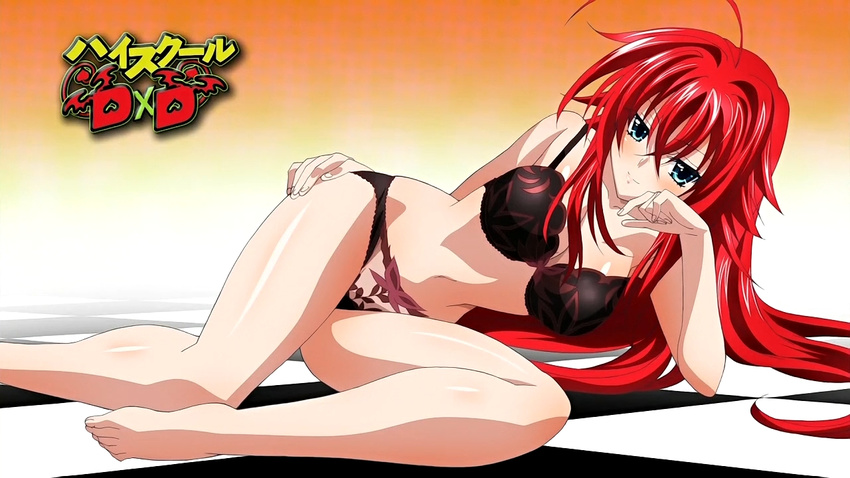 ahoge black_bra blue_eyes bra breasts checkered checkered_floor high_school_dxd huge_ahoge large_breasts lingerie long_hair panties red_hair rias_gremory screencap underwear underwear_only very_long_hair