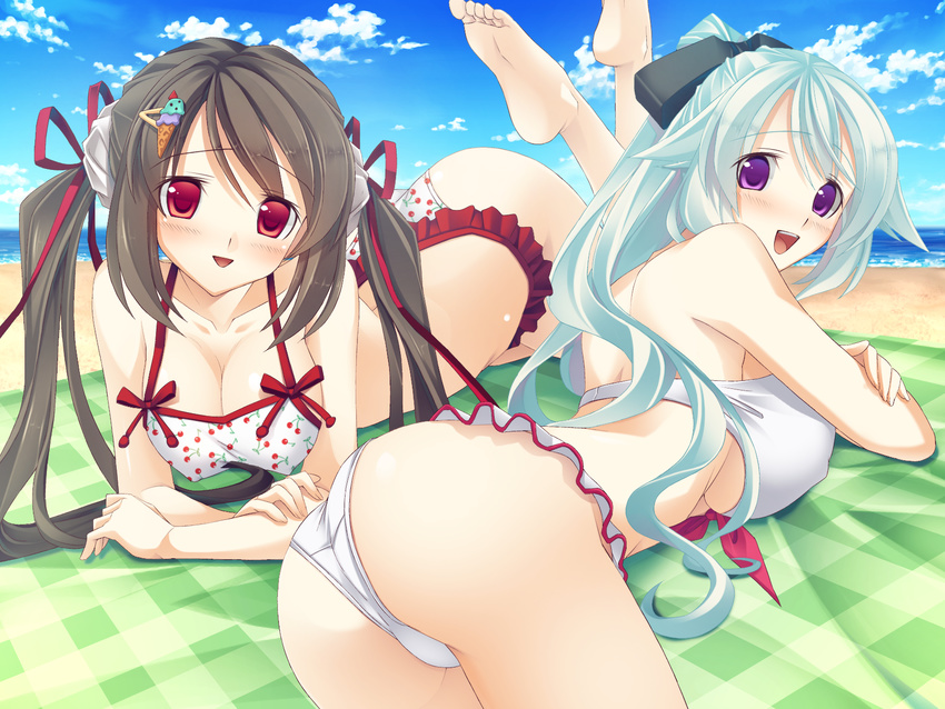 2girls ass beach bikini blush c:drive cleavage fusataka_shikibu game_cg kotoha_aoyama mahiru_akasaka riajuu_saimin swimsuit twintails