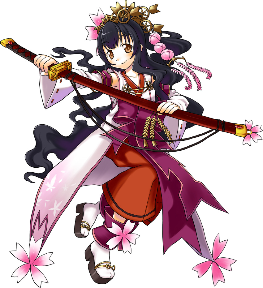 black_hair blush brown_eyes closed_mouth collarbone eyebrows_visible_through_hair full_body highres holding holding_sword holding_weapon kanatarou long_hair looking_at_viewer official_art sakurako_kujo sandals sheath sheathed smile socks solo sword transparent_background trouble_witches_neo weapon white_legwear