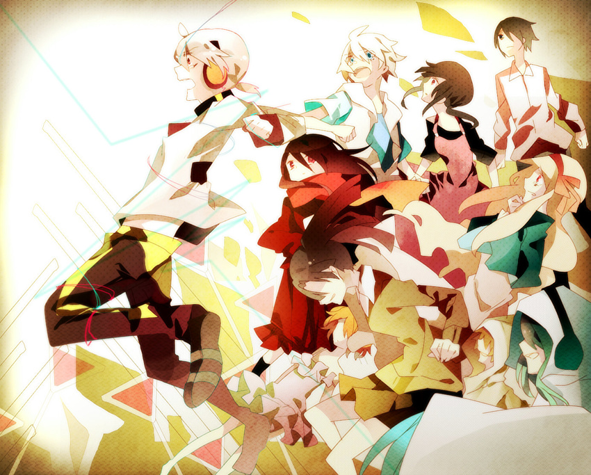 asahina_hiyori creator_connection enomoto_takane headphone_actor_(vocaloid) hood jinzou_enemy_(vocaloid) jumping kagerou_days_(vocaloid) kagerou_project kano_shuuya kido_tsubomi kisaragi_momo kisaragi_shintarou konoha_(kagerou_project) konoha_no_sekai_jijou_(vocaloid) kozakura_marry mekakushi_code_(vocaloid) multiple_boys multiple_girls omutatsu open_mouth red_eyes smile souzou_forest_(vocaloid) tateyama_ayano tears vocaloid