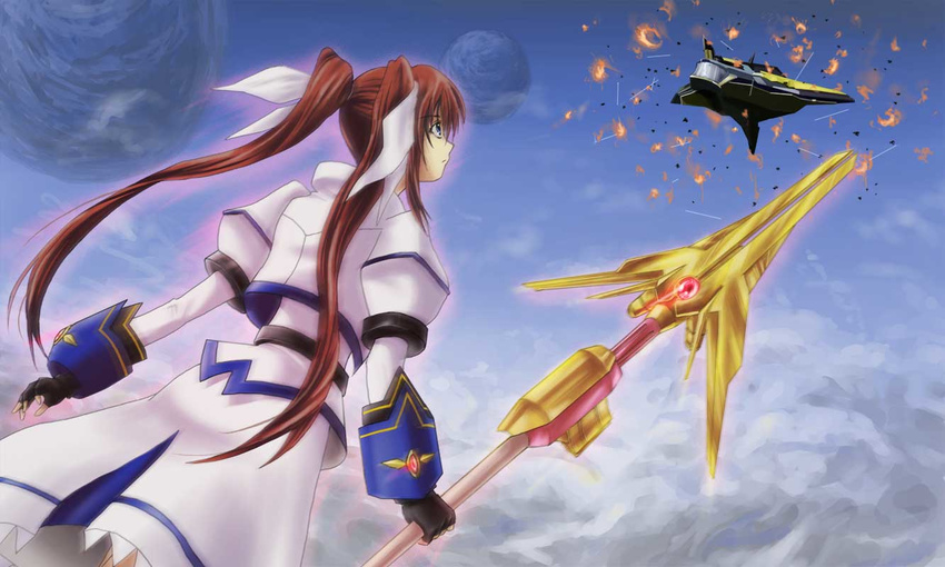 bad_id bad_pixiv_id battle brown_hair flying kaeru_(kaerism) long_hair lyrical_nanoha magical_girl mahou_shoujo_lyrical_nanoha_strikers raising_heart sky solo staff takamachi_nanoha twintails