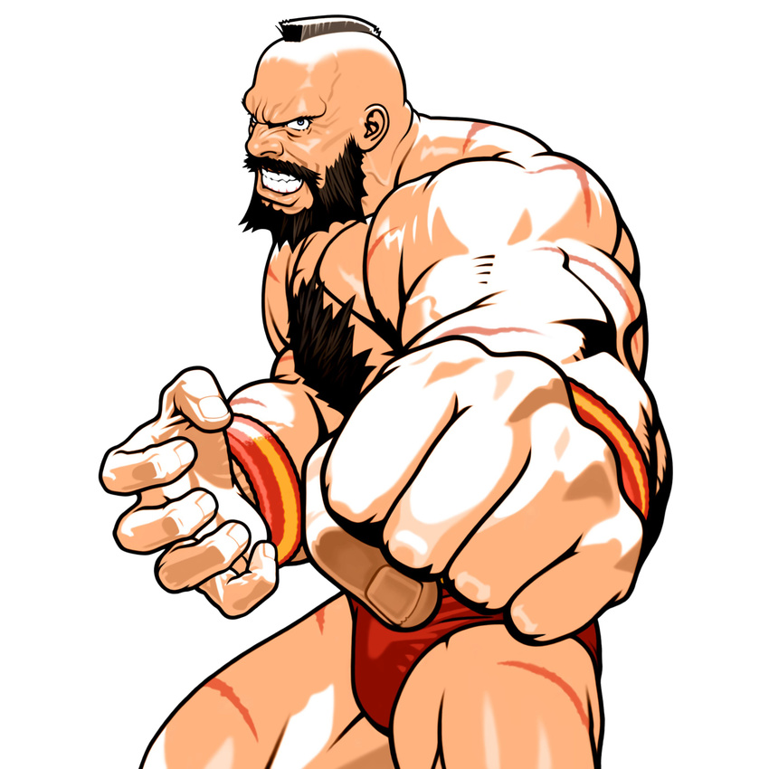 beard bodypaint capcom_fighting_jam chest_hair clenched_hand cowboy_shot facial_hair fingernails foreshortening highres male_focus mori_toshiaki muscle official_art panties russian simple_background solo stance street_fighter underwear white_background wrestler wrestling_outfit zangief