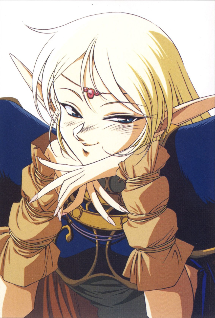 90s arm_warmers armor bangs blonde_hair blue_eyes blush breastplate cape chin_rest circlet deedlit elf fantasy fingernails half-closed_eyes highres long_fingernails long_hair long_pointy_ears looking_at_viewer naughty_face official_art pauldrons pointy_ears record_of_lodoss_war scan seductive_smile simple_background smile solo upper_body white_background yuuki_nobuteru