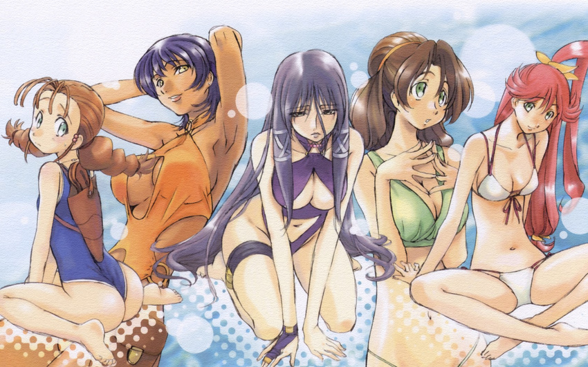 armpits arms_up ass bikini blue_hair braid breasts bridal_gauntlets brown_hair carmen99 child cleavage cleavage_cutout dark_skin fasalina front-tie_top green_eyes gunxsword highres kimura_takahiro kneeling large_breasts long_hair looking_back multiple_girls one-piece_swimsuit ookouchi_ricca ponytail priscilla_(gunxsword) purple_hair red_hair short_hair side-tie_bikini side_ponytail smile swimsuit thigh_strap twin_braids very_long_hair wallpaper wendy_garrett yellow_eyes yukiko_steavens