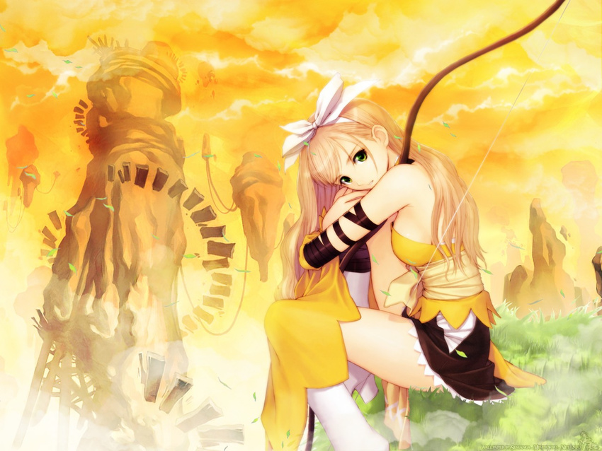 1girl archer bow bow_(weapon) breasts fantasy highres long_hair outdoors sega shining_(series) shining_wind sitting sky solo taka_tony tanaka_takayuki tony_taka touka_kureha weapon