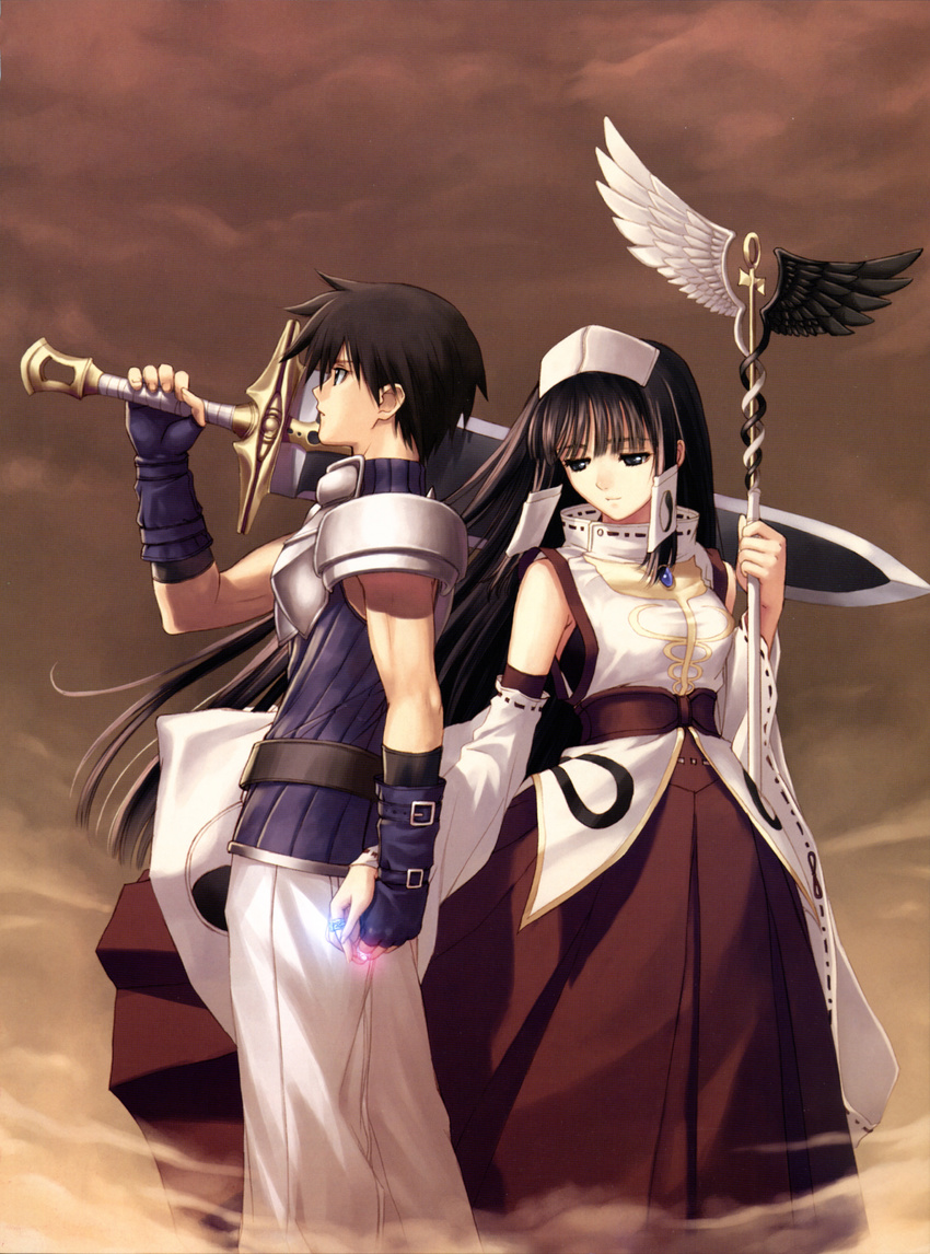 1girl absurdres arm_at_side bangs black_eyes black_hair breastplate breasts carrying_over_shoulder cloud cloudy_sky detached_sleeves feet_out_of_frame fingerless_gloves fog gem gloves glowing hair_ornament hakama half-closed_eyes highres holding holding_hands holding_staff japanese_clothes jewelry light_smile long_hair looking_at_hand looking_away looking_down medium_breasts mismatched_wings pants pauldrons profile red_hakama ribbon-trimmed_sleeves ribbon_trim ring ryuuna_(shining_tears) sad scan shining_(series) shining_tears sky sleeveless sleeveless_turtleneck staff standing straight_hair tanaka_takayuki turtleneck very_long_hair white_pants wide_sleeves xion_magus yin_yang