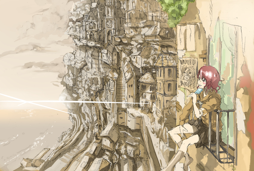 city food garuan highres hood hoodie original popsicle poster_(object) red_hair scenery skirt solo wanted