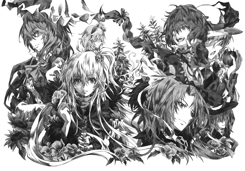 alice_margatroid alice_margatroid_(pc-98) apple ascot capelet elly flower food fruit graphite_(medium) greyscale hair_bobbles hair_ornament hairband hat highres kazami_yuuka kazami_yuuka_(pc-98) kirisame_marisa kirisame_marisa_(pc-98) long_hair mima monochrome multiple_girls neko_(yanshoujie) okazaki_yumemi parasol shaded_face shinki short_hair skull_hair_ornament touhou touhou_(pc-98) traditional_media umbrella upper_body vest witch_hat wizard_hat