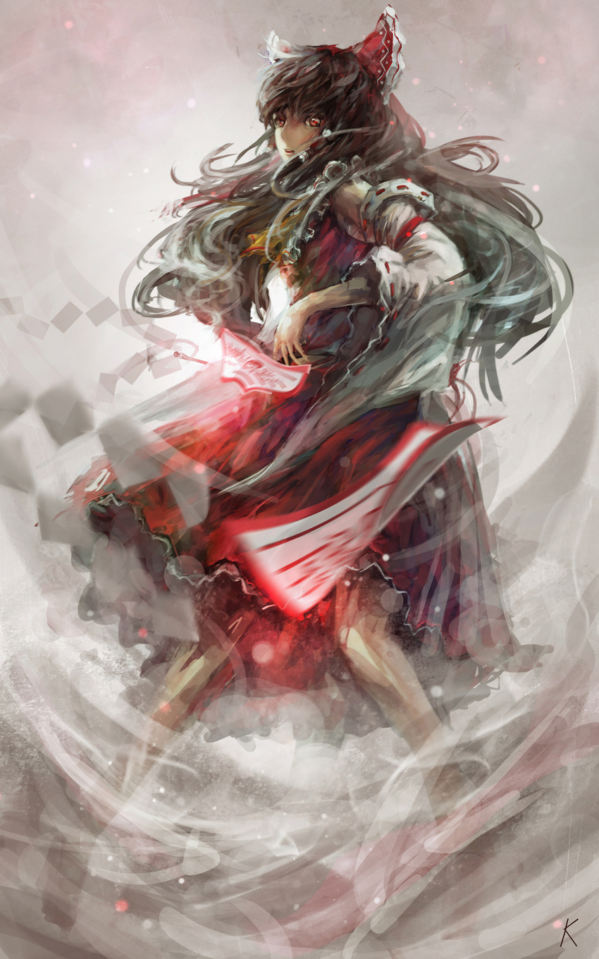 absurdres bad_id bad_pixiv_id black_hair bow detached_sleeves hair_bow hair_tubes hakurei_reimu highres kxxxxxxxxxxx long_hair motion_blur ofuda red_eyes solo touhou