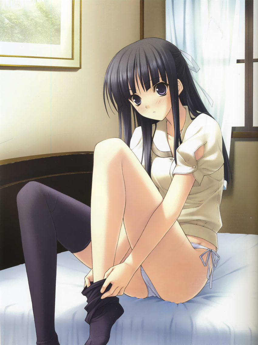 absurdres bed black_hair black_legwear blue_eyes blush hair_ribbon highres legs legs_up long_hair long_legs looking_at_viewer migiwa_kazuha no_pants no_shoes on_bed panties ribbon side-tie_panties sidelocks sitting solo suzuhira_hiro thighhighs thighs underwear undressing white_panties yosuga_no_sora