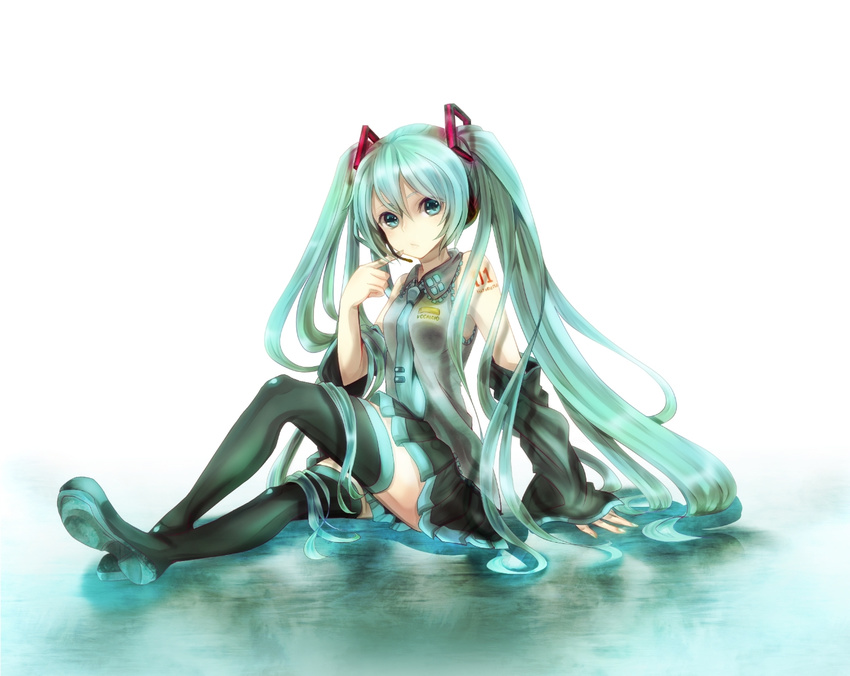 aqua_eyes aqua_hair bad_id bad_pixiv_id boots detached_sleeves finger_to_face hatsune_miku headset long_hair looking_at_viewer necktie sitting skirt solo thigh_boots thighhighs twintails very_long_hair vocaloid yokiri