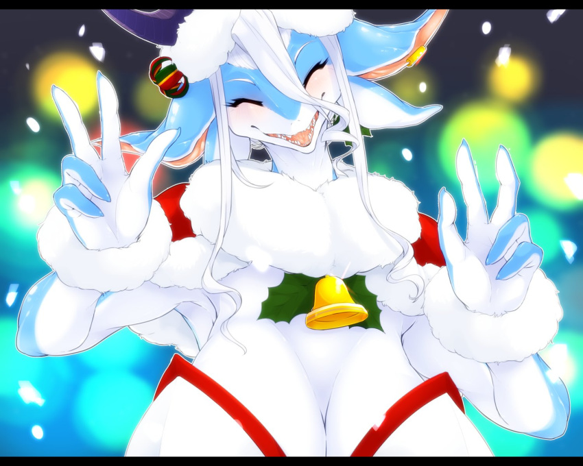 1girl borrowed_character christmas_clothes dragon eyes_closed furry open_mouth smile solo tokumori_kaisen white_hair