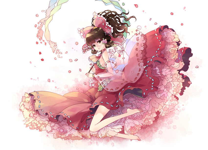 ascot barefoot bow breasts brown_eyes brown_hair detached_sleeves flower frills gathers hair_bow hair_flower hair_ornament hair_tubes hakurei_reimu holding kieta long_hair long_legs looking_at_viewer petals sideboob small_breasts solo too_many too_many_frills touhou