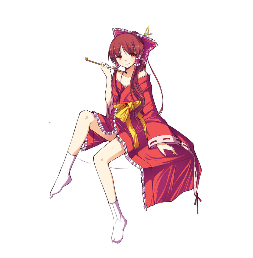 alternate_costume amemiya_ruki bow hair_bow hair_tubes hakurei_reimu highres japanese_clothes kimono kiseru pipe sitting solo touhou