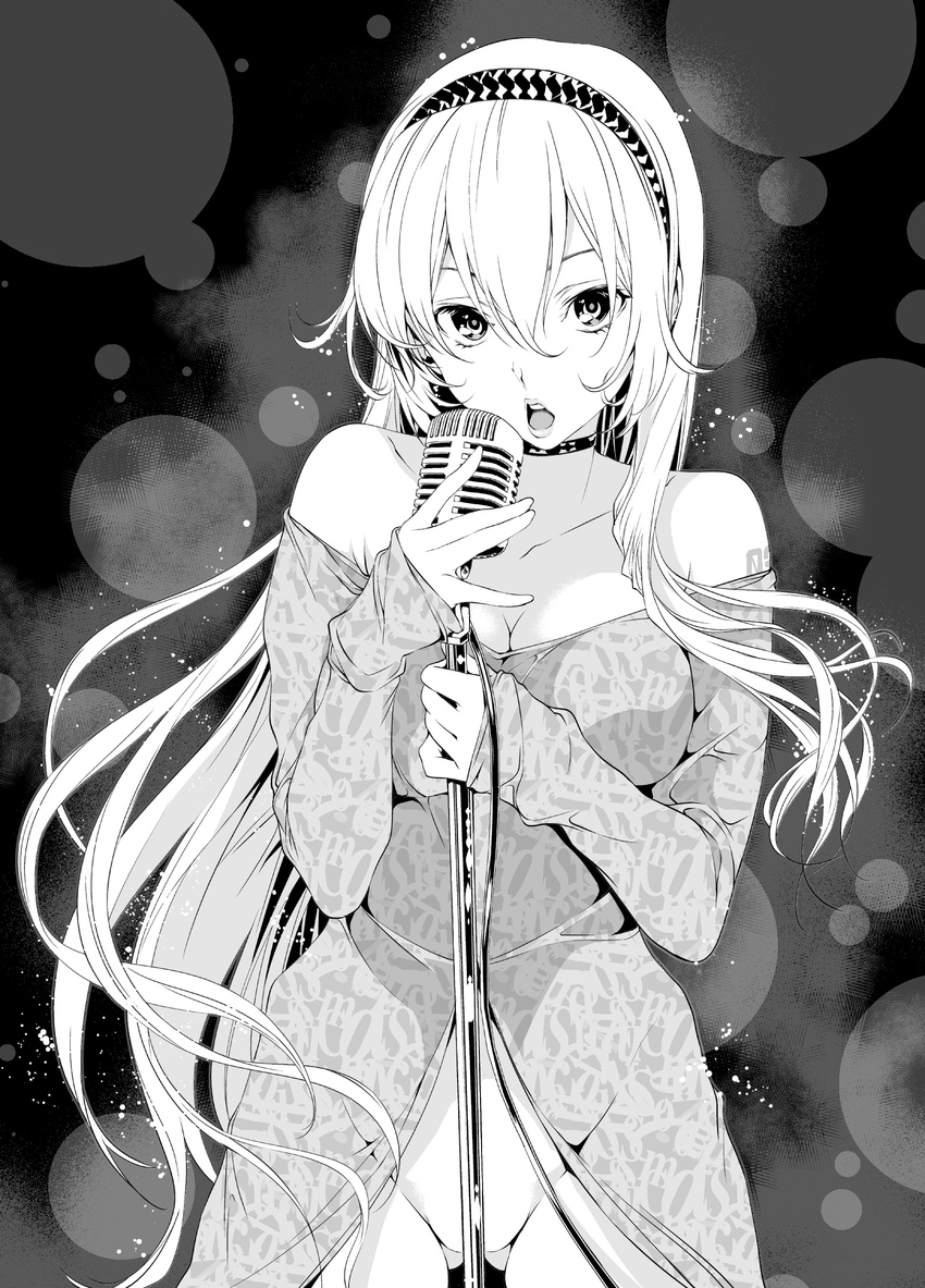 bare_shoulders bottomless breasts censored choker cleavage convenient_censoring greyscale hairband highres lips long_hair long_sleeves looking_at_viewer medium_breasts megurine_luka microphone microphone_stand monochrome open_mouth sleeves_past_wrists solo tosh_(imonade_ryouchou) very_long_hair vocaloid