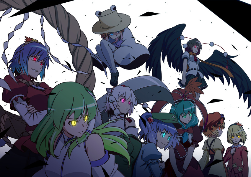 aki_minoriko aki_shizuha backpack bag bare_shoulders blue_eyes bow detached_sleeves food front_ponytail fruit glowing glowing_eyes grapes green_eyes green_hair grin h-new hair_bobbles hair_bow hair_ornament hair_ribbon hair_tubes hat inubashiri_momiji kagiyama_hina kawashiro_nitori kochiya_sanae leaf leaf_on_head long_hair long_tongue moriya_suwako mountain_of_faith multiple_girls orange_eyes pink_eyes pom_pom_(clothes) purple_hair red_eyes ribbon rope shameimaru_aya shide shimenawa short_hair slit_pupils smile thighhighs tongue tongue_out touhou two_side_up white_legwear wings yasaka_kanako yellow_eyes