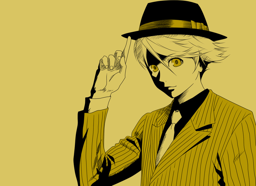 finger_on_hat formal gintama hat kuma_(persona_4) looking_at_viewer male_focus monochrome necktie parody persona persona_4 pointing smile solo suit uzu_hi yellow yellow_eyes