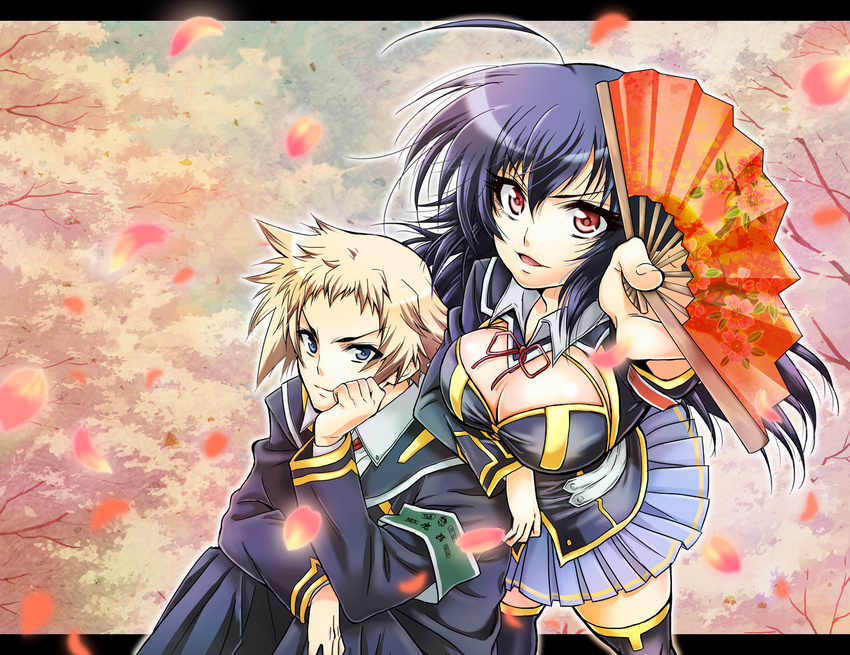 1girl ahoge blonde_hair blue_eyes blue_hair breasts cleavage fan folding_fan hinako_(manyakku) hitoyoshi_zenkichi kurokami_medaka large_breasts letterboxed long_hair medaka_box petals pleated_skirt red_eyes school_uniform skirt thighhighs tree very_long_hair