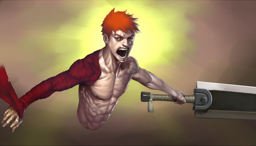 bad_id bad_pixiv_id berserk crossover dragonslayer_(sword) emiya_shirou fate/stay_night fate_(series) male_focus manly muscle realistic red_eyes red_hair ribbon shiba_(berryeater) shirtless sword weapon