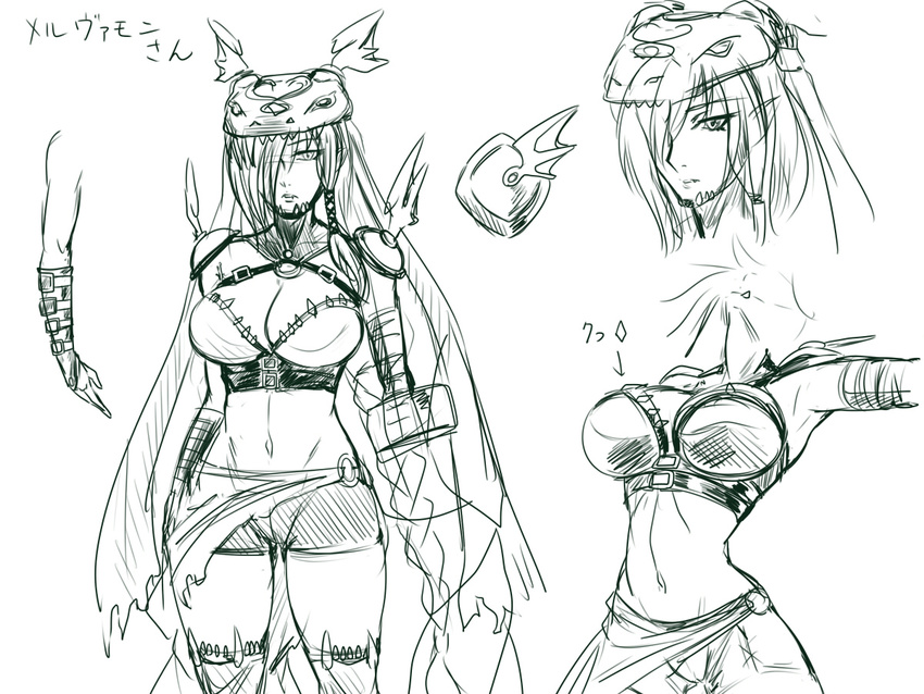 animal_hat black_beat braid breasts buckle character_sheet cleavage digimon digimon_xros_wars hair_over_one_eye hat large_breasts long_hair mervamon monochrome navel no_humans pauldrons shorts thighhighs translation_request