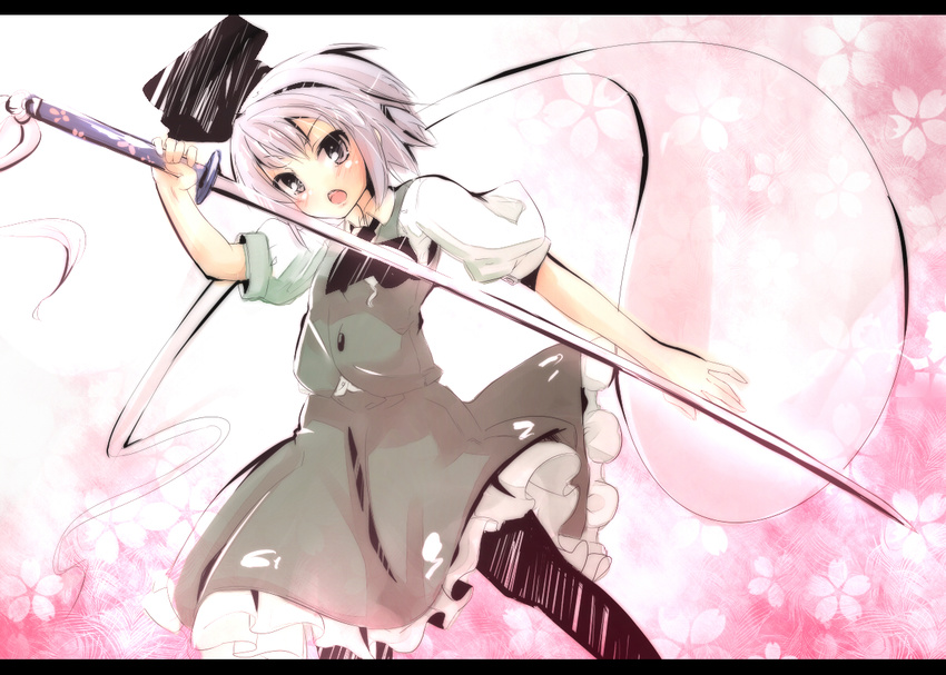 black_hairband black_legwear blush bow ghost hair_ribbon hairband hitodama katanakko_daisuki konpaku_youmu konpaku_youmu_(ghost) open_mouth pantyhose ribbon short_hair silver_hair skirt solo sword touhou vest weapon