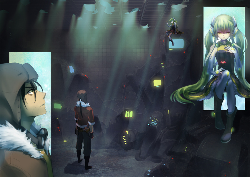 black_hair dress flowers glasses gloves green_eyes green_hair liusang long_hair night vocaloid