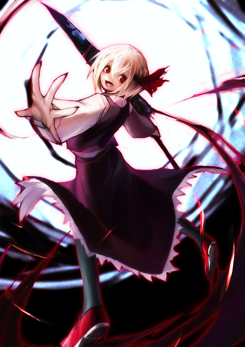 :d black_legwear blonde_hair blouse fang frilled_skirt frills hair_ribbon highres huge_weapon looking_at_viewer looking_back mary_janes open_mouth outstretched_arm outstretched_arms outstretched_hand pantyhose power red_eyes ribbon rumia shoes short_hair skirt skirt_set smile solo spark621 spread_arms sword touhou vest weapon