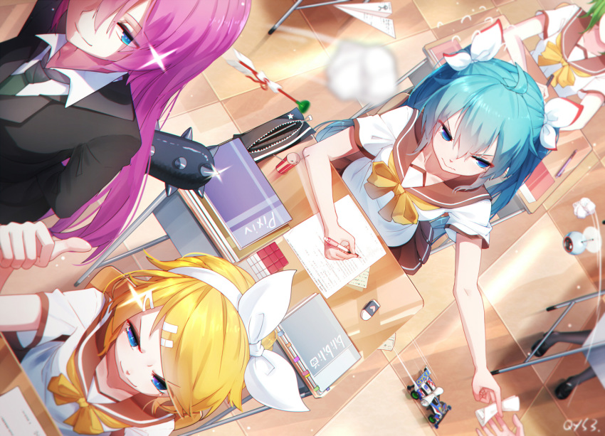5girls ahoge arm_up arms_behind_back bai_yemeng bangs black_footwear black_jacket black_legwear blonde_hair blue_eyes blue_hair blush book bow bowtie brown_sailor_collar brown_skirt chair checkered checkered_floor classroom closed_mouth club dart desk dutch_angle eraser eyebrows_visible_through_hair flying_sweatdrops from_above glint green_hair green_neckwear gumi hair_between_eyes hair_bow hair_ornament hair_ribbon hairband hairclip hatsune_miku highres holding indoors jacket kagamine_rin long_hair looking_at_viewer looking_away looking_to_the_side md5_mismatch megurine_luka motion_lines multiple_girls neckerchief necktie outstretched_arm pantyhose paper paper_airplane pen pencil_case pencil_sharpener pink_hair pleated_skirt propeller ribbon rubik's_cube ruler sailor_collar school_chair school_desk school_uniform serafuku shaded_face shirt shoes short_hair short_sleeves signature skirt smile smug spiked_club star straight_hair suction-cup_dart swept_bangs teacher thumbs_up toy_car v-shaped_eyebrows very_long_hair vocaloid weapon white_hairband white_ribbon white_shirt x_hair_ornament yellow_bow