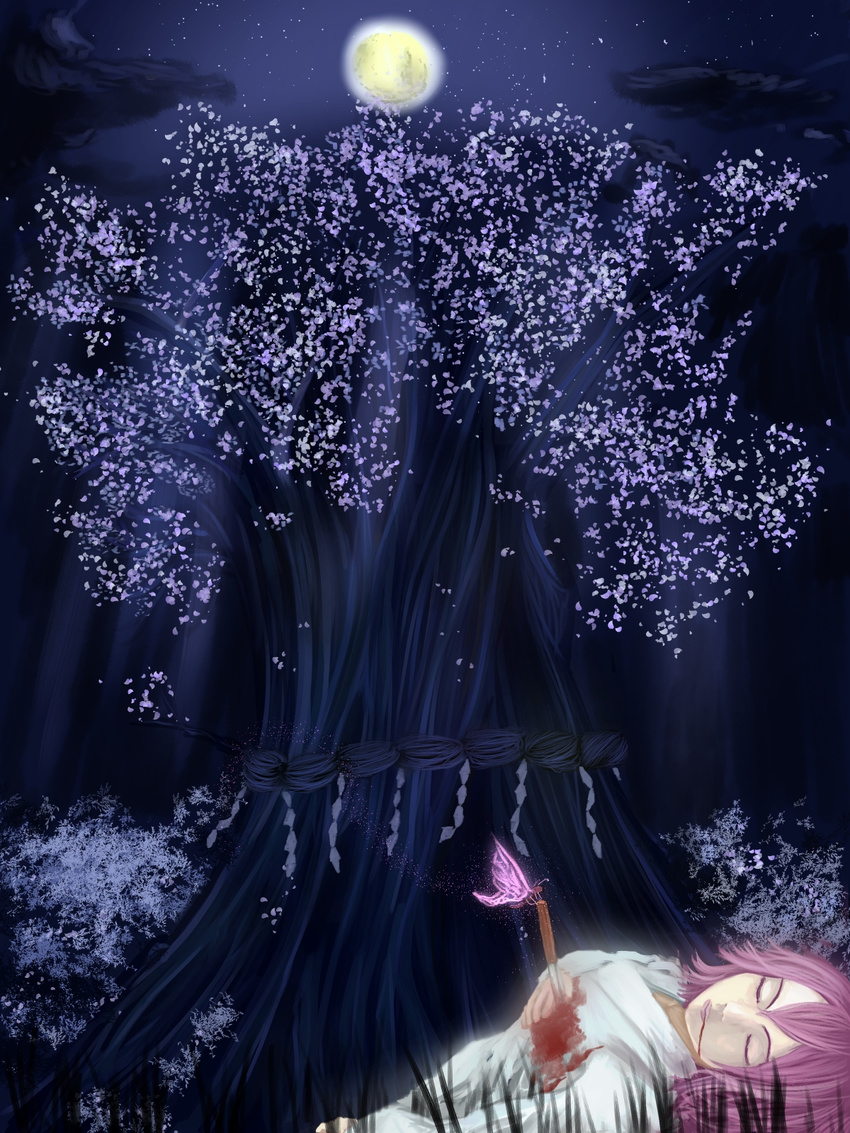 bad_id bad_pixiv_id beam blood blue_background bug butterfly chaki_(emeraldia) cherry_blossoms closed_eyes cloud death full_moon grass hand_on_own_chest highres insect knife light_trail lips lying moon night no_hat no_headwear on_back pink_hair rope saigyou_ayakashi saigyouji_yuyuko saigyouji_yuyuko_(living) shimenawa sky solo stabbed star_(sky) starry_sky suicide touhou tree