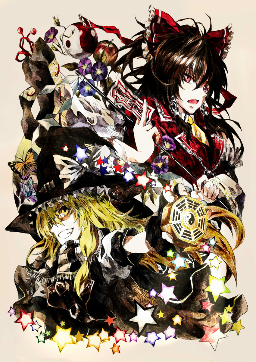 absurdres apple belt blonde_hair braid brown_hair bug butterfly cape cravat flower food fruit gohei hair_tubes hakurei_reimu hat highres insect kirisame_marisa koumajou_densetsu leaf long_hair middle_finger mini-hakkero multiple_girls necktie neko_(yanshoujie) ofuda ribbon scarf star touhou trigram witch witch_hat