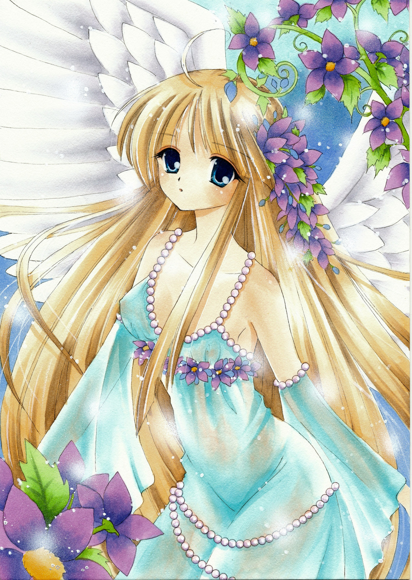 absurdres ahoge airbrush_(medium) angel_wings bare_shoulders bead_band beads blue_eyes brown_hair collarbone detached_sleeves dress flat_chest flower highres long_hair marker_(medium) original sidelocks solo tegaki_no_yuu traditional_media very_long_hair wings