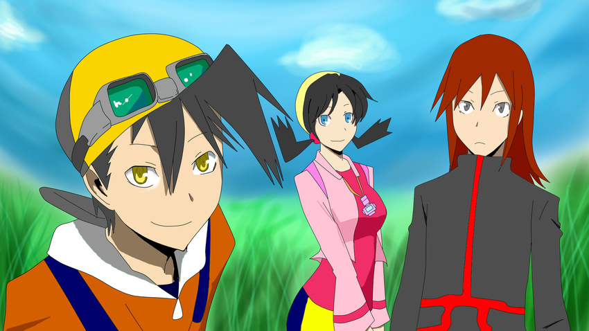 2boys artist_request baseball_cap black_hair blue_eyes crystal_(pokemon) durarara!! goggles goggles_on_head gold_(pokemon) hat highres multiple_boys parody pokegear pokemon pokemon_special red_hair silver_(pokemon) simple_background smile style_parody twintails