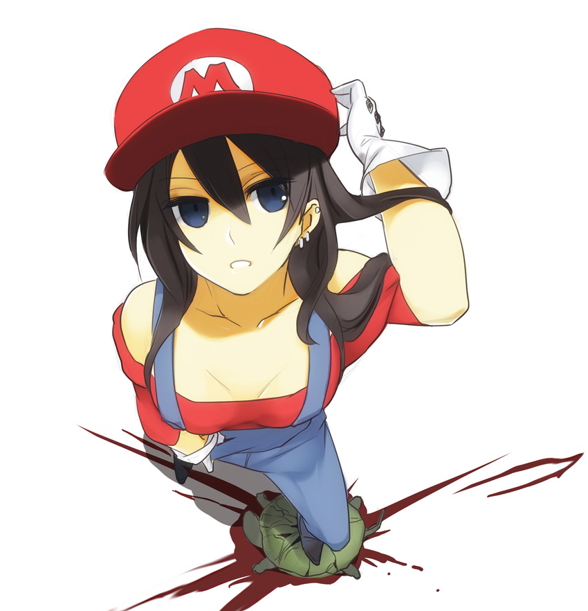 black_hair blood blue_eyes from_above genderswap genderswap_(mtf) gloves hat highres long_hair mario mario_(series) off-shoulder_shirt poaro shirt simple_background solo stomping studded_gloves super_mario_bros. tsurime turtle white_background