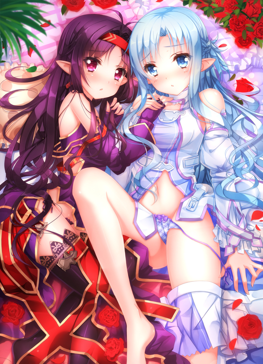 :o antenna_hair asuna_(sao) asuna_(sao-alo) bad_id bad_pixiv_id blue_eyes blue_hair blush bow bow_panties cushion fingerless_gloves flower gloves hairband hand_on_another's_chest hands_together highres leg_up long_hair long_legs lying multiple_girls navel on_back on_side open_clothes panties petals pillow plaid plaid_panties pointy_ears purple_eyes purple_gloves purple_hair purple_legwear purple_panties red_flower red_rose rose side-tie_panties skirt skirt_around_one_leg sword_art_online swordsouls thighhighs underwear very_long_hair yuuki_(sao)