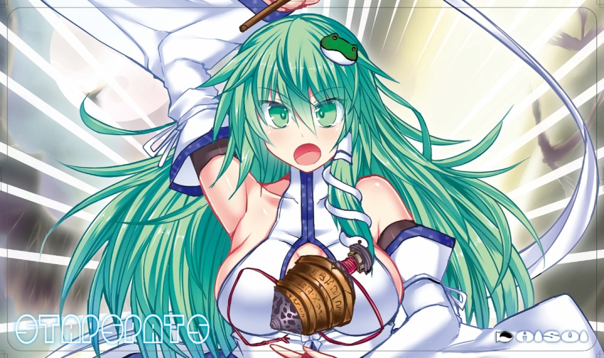 1girl :o \m/ arm_up bangs bare_shoulders breasts clothing_request commentary_request covered_collarbone crossover detached_sleeves emphasis_lines frog_hair_ornament green_eyes green_hair hair_ornament hair_spread_out hand_up hisui_(stapspats) holding kochiya_sanae large_breasts long_hair long_sleeves looking_at_viewer magic:_the_gathering open_mouth sideboob snake_hair_ornament solo standing touhou trim_marks unmoving_pattern white_sleeves wide_sleeves