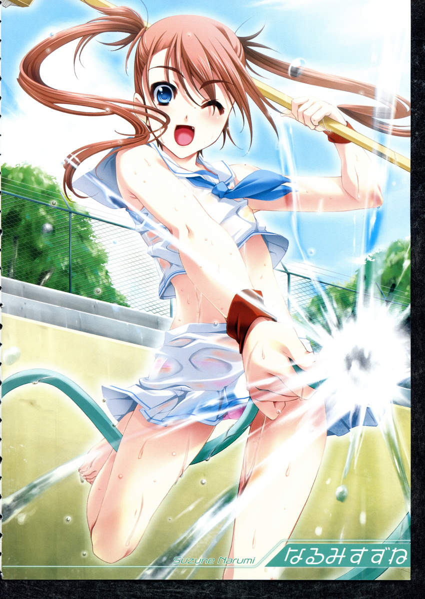 1boy ;d absurdres barefoot blue_eyes broom brown_hair bulge fang highres hose long_hair male male_focus narumi_suzune one_eye_closed open_mouth oto_nyan panties penis skirt small_penis smile solo sweatband trap twintails underwear wet wet_clothes wink