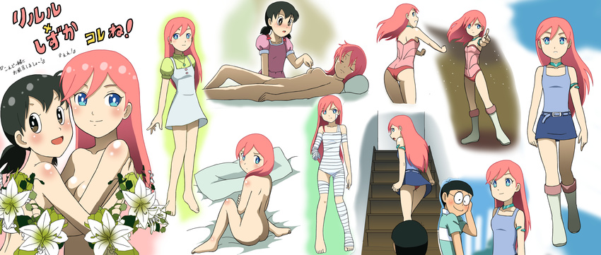 2girls ass bandages barefoot black_hair blue_eyes bodysuit boots breast_poke brown_eyes choker doraemon female_pervert highres jewelry kakkii looking_back minamoto_shizuka multiple_girls necklace no_nipples nobi_nobita nude panties pantyshot pervert pillow pink_hair pointing poking riruru short_twintails skirt twintails underwear yuri