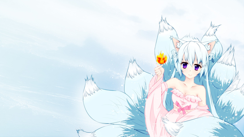 ahri alternate_eye_color alternate_hair_color animal_ears bell blush breasts cleavage detached_sleeves dress fallen fire fox_ears fox_tail highres league_of_legends long_hair multiple_tails purple_eyes silver_hair small_breasts smile solo tail