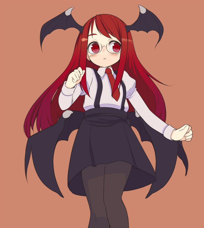 bat_wings bespectacled black_legwear blush demon_wings dress_shirt glasses head_wings highres koakuma long_hair necktie oza_watto pantyhose red_eyes red_hair red_neckwear shirt skirt solo suspenders touhou wings