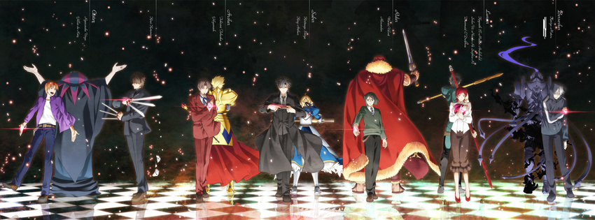 6+boys armor artoria_pendragon_(all) back-to-back berserker_(fate/zero) between_fingers black_keys cape caster_(fate/zero) checkered checkered_floor command_spell emiya_kiritsugu everyone excalibur fate/zero fate_(series) gae_buidhe gae_dearg gilgamesh glowing glowing_weapon highres kayneth_el-melloi_archibald kotomine_kirei lancer_(fate/zero) mask matou_kariya md5_mismatch multiple_boys multiple_girls polearm rider_(fate/zero) saber spear staff sword toosaka_tokiomi uryuu_ryuunosuke waver_velvet weapon yun_(neo)