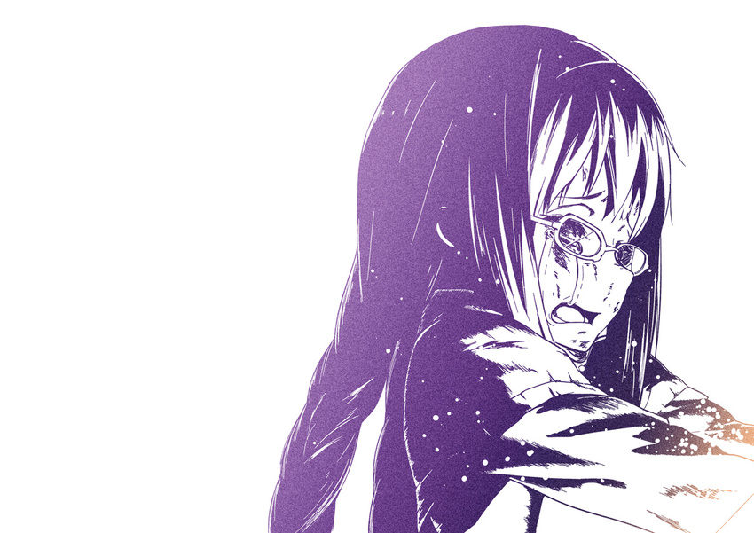 akemi_homura braid crying errant glasses gradient hairband long_hair mahou_shoujo_madoka_magica monochrome purple solo tears twin_braids