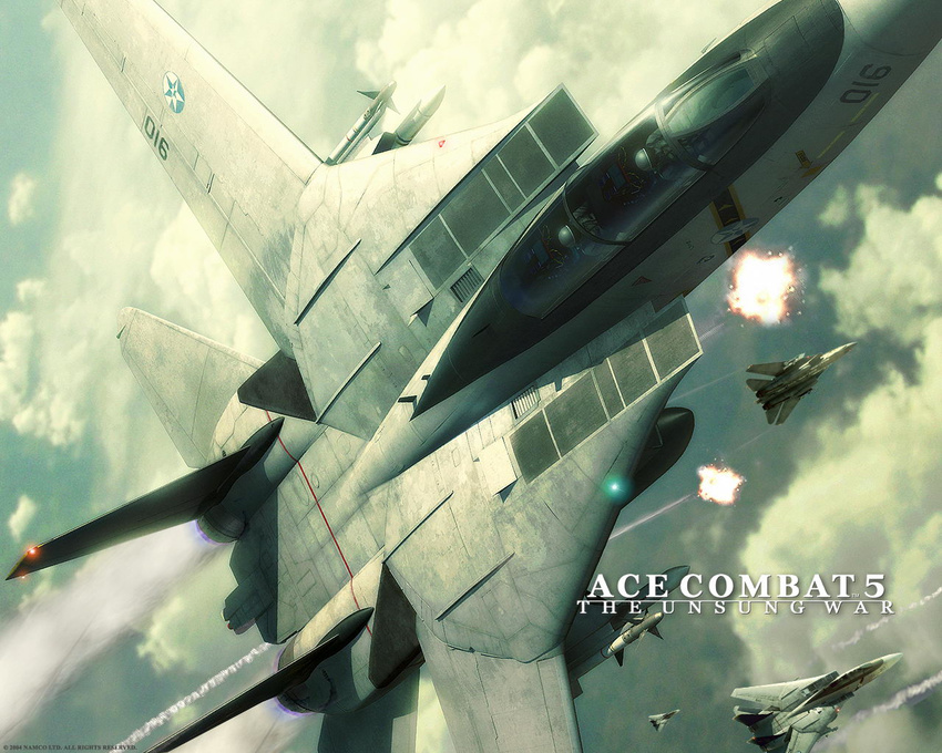 ace_combat_5 afterburner aim-9_sidewinder aircraft airplane artist_request battle cloud condensation_trail drop_tank emblem explosion f-14_tomcat fighter_jet helmet jet military military_vehicle missile namco no_humans official_art pilot wallpaper wardog_squadron