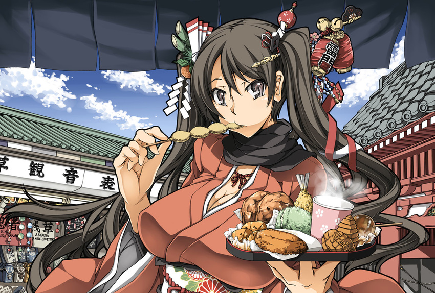 black_eyes black_hair black_scarf cup food hair_ornament japanese_clothes kasetsu_03 kebab kimono long_hair mouth_hold original scarf solo steam tray twintails