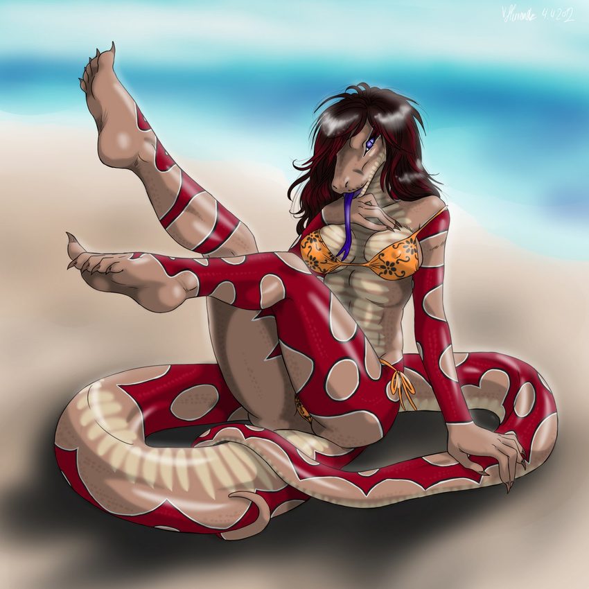 beach bikini blue_eyes breasts butt clothed clothing female forked_tongue hair liara_(microphone) long_hair looking_at_viewer nipples outside reptile sand scalie seaside shikoku-una skimpy snake solo swimsuit tight_clothing tongue water