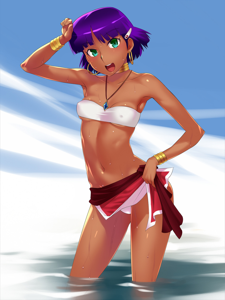 bare_shoulders bob_cut bracelet dark_skin earrings fushigi_no_umi_no_nadia green_eyes hand_on_hip highres hoop_earrings jewelry nadia navel necklace oohara_kyuutarou open_mouth purple_hair short_hair solo strapless tubetop wading water wet