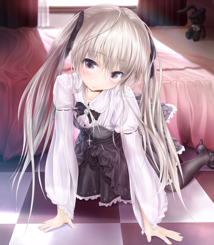 absurdres all_fours bed bed_sheet black_legwear brown_eyes checkered checkered_floor cross cross_necklace dress hair_ribbon high_heels highres jewelry kasugano_sora looking_at_viewer necklace pantyhose ribbon shoes smile solo stuffed_animal stuffed_bunny stuffed_toy twintails wingheart yosuga_no_sora