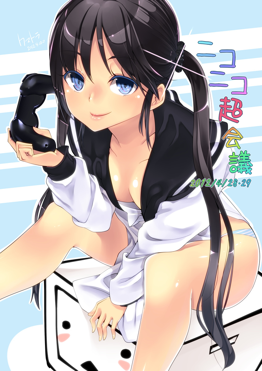 absurdres amasora_taichi between_legs black_hair blue_eyes breasts collarbone controller dated downblouse game_controller hair_ornament highres holding long_hair niconico original panties school_uniform serafuku sitting small_breasts smile solo striped striped_panties terebi-chan twintails underwear